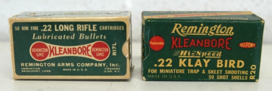 2 Different Vintage Full Boxes Remington .22 LR Cartridges Ammunition - Dog Bone Box, .22 Klay Bird