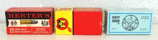 3 Different Full Vintage Boxes .22 LR Cartridges Ammunition - Herter's, Navy Arms, Hodgdon...
