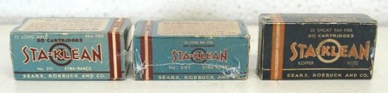 3 Different Full Vintage Sears, Roebuck Sta-Klean Cartridges Ammunition - .22 LR HP, .22 Long, .22