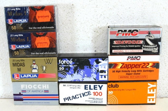 9 Full Boxes .22 LR Cartridges Ammunition - Lapua, Midas, Eley Club, Eley Force, Eley Practice, PMC