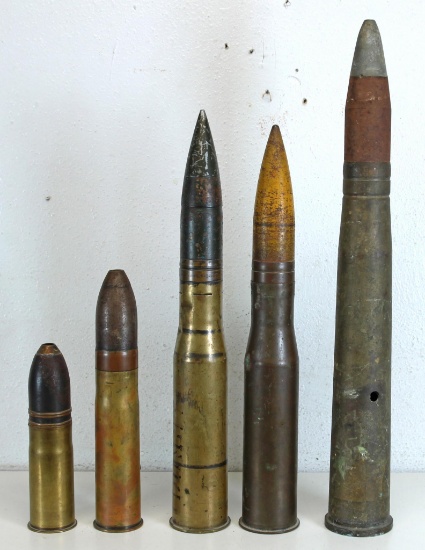 Collection of 5 Different Inert Small Artillery Shells...