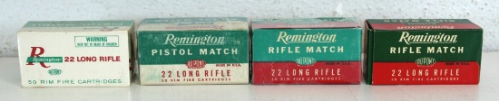 4 Different Full Vintage Boxes Remington .22 LR Cartridges Ammunition - 2 Pistol Match, 2 Rifle