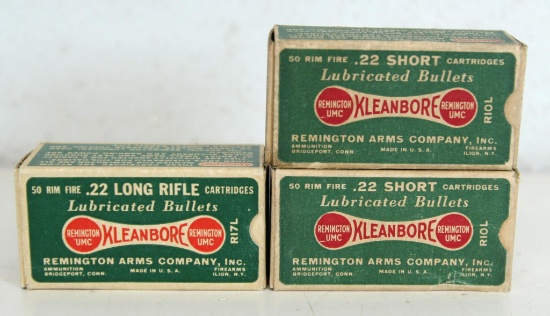 3 Full Vintage Dog Bone Boxes Remington Cartridges Ammunition - 2 .22 Short, 1 .22 LR...