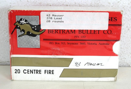 Full Box Bertram Bullet Co. .43 Mauser 370 gr. Cartridges Ammunition...