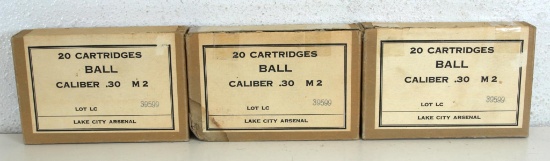 3 Full Boxes Lake City Arsenal .30 M2 Cartridges Ammunition - Full Sealed, Full & Correct with