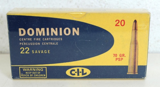 Full Vintage Box Dominion .22 Savage 70 gr. PSP Cartridges Ammunition...