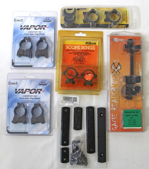 Mixed Box Lot Scope Rings and Scope Mounts - Burris 1" Zee Rings, 2 Warne Vapor 1", Millett .22