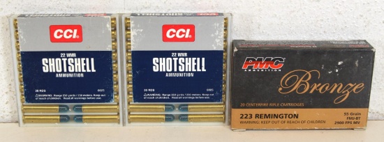 2 Full Boxes 20 CCI .22 WMR Shotshells and Full Box PMC Bronze .223 Rem. 50 gr. FMJBT Cartridges