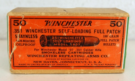 Full Vintage Two Piece Box Winchester .351 Winchester Self Loading Cartridges Ammunition for Model
