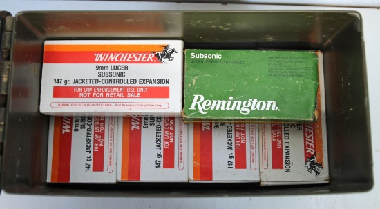 Metal Ammo Can 5 Full Boxes Winchester 9 mm Luger SubSonic 147 gr. Jacketed-Controlled Expansion and