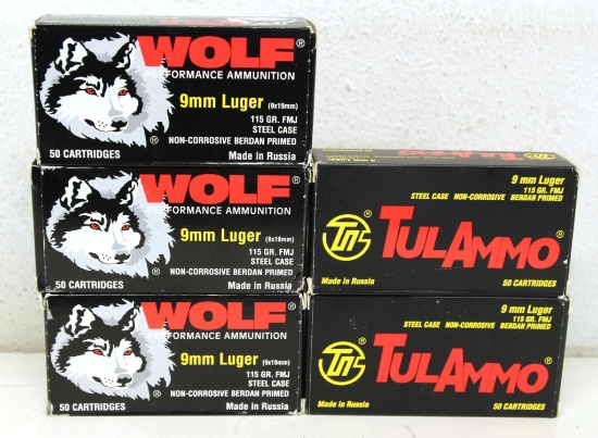 3 Full Boxes Wolf 9 mm Luger 115 gr. FMJ Steel Cased and 2 Full Boxes TulAmmo 9 mm Luger 115 gr. FMJ