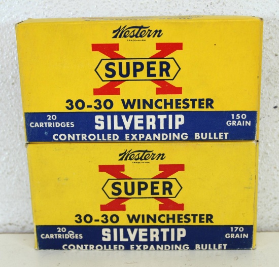 2 Vintage Boxes Western Super-X .30-30 Winchester SilverTip Cartridges Ammunition - Full Box 150