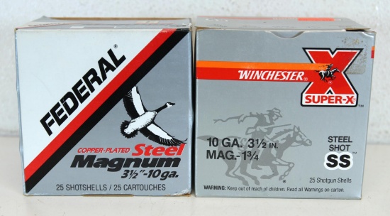 2 Different Full Boxes 10 Ga. 3 1/2" Shotgun Shells Ammunition - Winchester BB Shot, Federal T Shot.