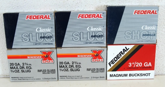 6 Different Full Boxes 20 Ga. Shotgun Shells Ammunition - 2 Winchester Super-X 2 3/4" 3/4 oz. HP