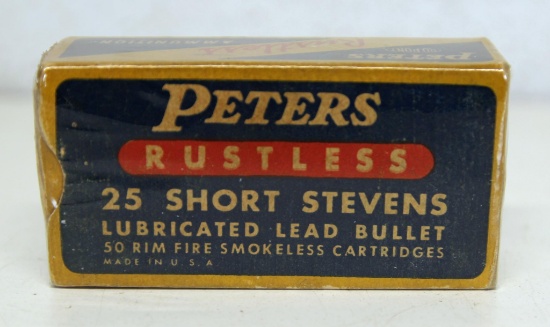 Full Vintage Box Peters Rustless .25 Short Stevens Rimfire Cartridges Ammunition