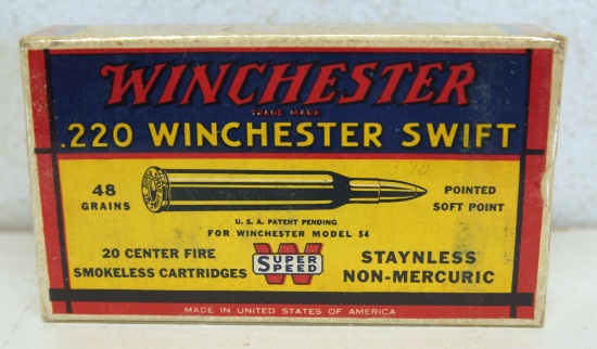 Full Vintage Box Winchester .220 Winchester Swift 48 gr. SP Cartridges Ammunition...