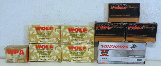 9 Boxes .223 Rem Cartridges Ammunition - 4 Full Boxes 20 Wolf Military Classic 55 gr. SP, Full Box
