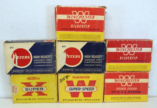 7 Full Vintage Worn Boxes .375 H&H Mag Cartridges Ammunition...