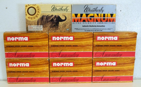 8 Full Boxes .416 Weatherby Mag Cartridges Ammunition - 6 Norma, 2 Weatherby...