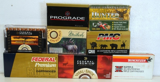 8 Full Boxes .375 H&H Mag Cartridges Ammunition - 3 Federal, 1 Weatherby, 1 Winchester, 1 PMC, 1