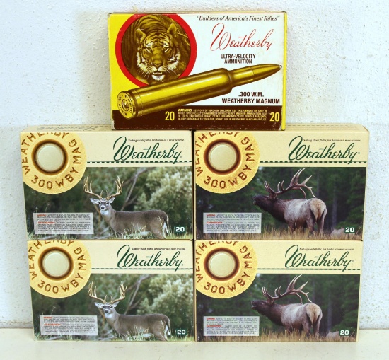 5 Full Boxes Weatherby .300 Weatherby Mag Cartridges Ammunition - Older Tiger Box, 4 New