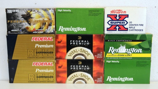 8 Full Boxes 7 mm Rem Mag Cartridges Ammunition - Western Super X, 3 Remington, 5 Federal and