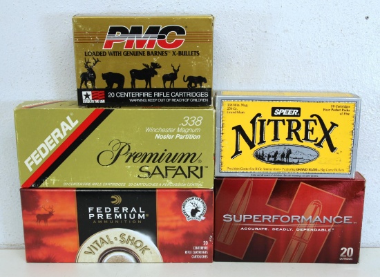 2 Full Boxes & 3 Partial .338 Win Mag Cartridges Ammunition - Federal Premium, PMC, Partial Box of