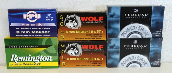 5 Full Boxes & 1 Partial 8 mm Mauser Cartridges Ammunition - 2 Wolf Gold, 2 Federal, PPU, Partial 16