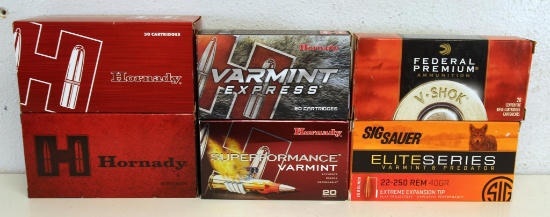 6 Full Boxes .22-250 Rem Cartridges Ammunition - 2 Hornady, Federal Premium, SigSauer Elite and 2