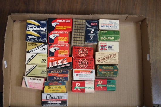 25 Full Vintage Boxes .22 Cal. Cartridges Ammunition - Lots of .22 LR & .22 Short - a few boxes have