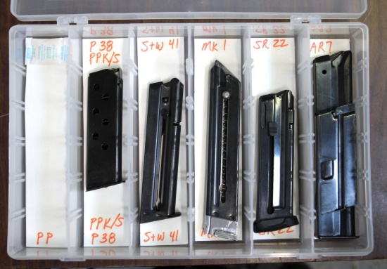 Plastic Box with 6 Handgun Magazines - P38, S&W 41, MK I, SR22, 2-AR 7