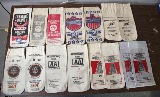 13 Vintage Canvas 25 lb Empty Shot Bags and 2 Plastic