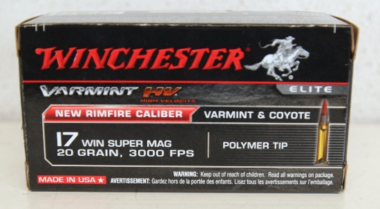 Full Box Winchester Varmint .17 Win Super Mag, Polymer Tip, New Rimfire Caliber 3000 FPS Cartridges