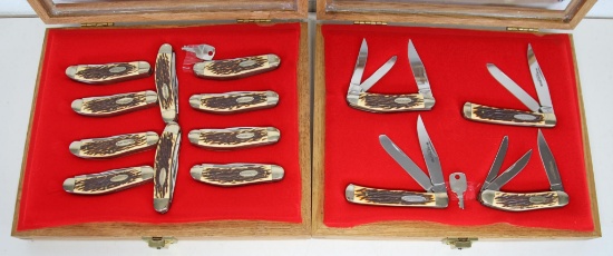 2 Oak Wood Showcases with 14 Winchester Folding Pocket Knives