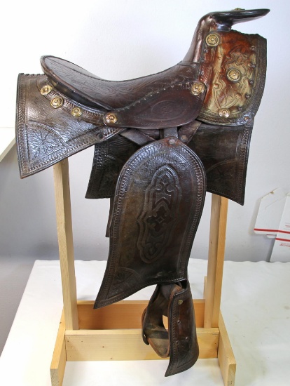 Antique Texas "Hope" Saddle, Fully Tooled with Tapaderos and Brass Accents, Very Fine Condition,