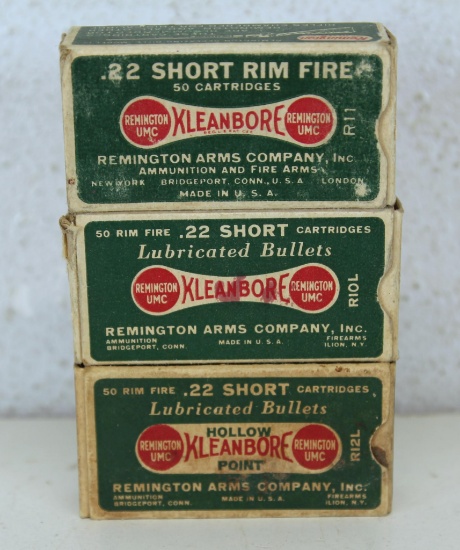 3 Different Full Vintage Remington Dog Bone Boxes .22 Short Cartridges Ammunition