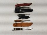 Lot Of 4 Fishing/hunting Knives And Leather Sheath