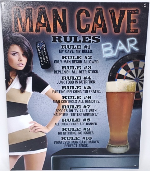 MAN CAVE RULES TIN SIGN 12x16"