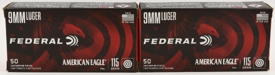 100 Rounds Federal American Eagle 9mm Luger Ammo