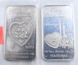 2 1oz National 999 Fine Troy Silver Valentine Bars