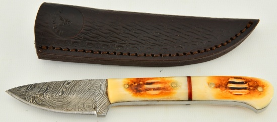 Damascus Blade Stag Handle Fixed Blade Knife