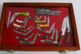 18 Collectible Knives in Wood / Glass Display