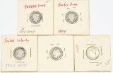 5 Collector Silver Coins, Barber Dime, Seated