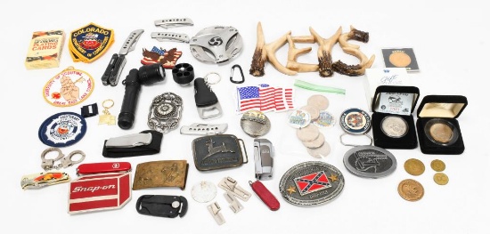 Mixed Lot of Various Coins Belt Buckles & Knives