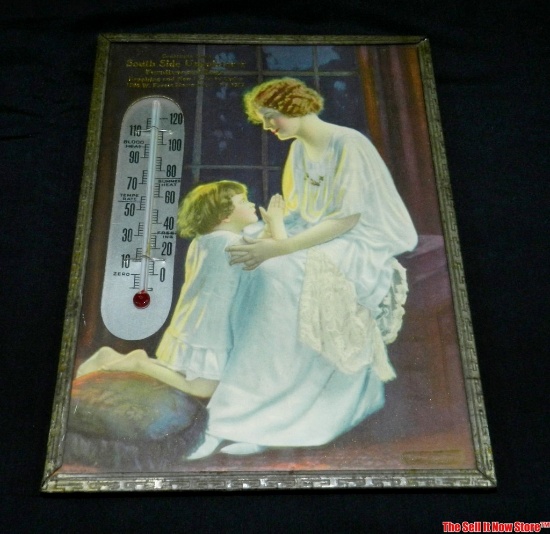 Framed Picture Advertising Thermometer South Side Upholsterer Milwaukee, Wi