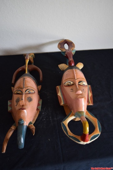 Pair of Carved Wood Decorative Wall Art Faces