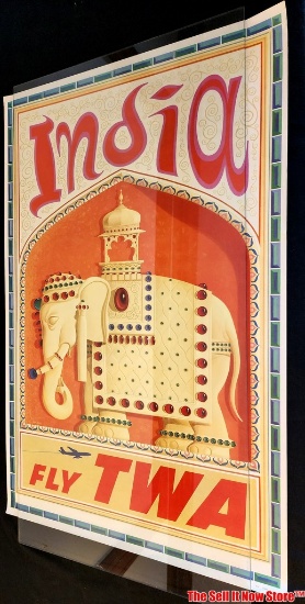 Vintage TWA David Klein India Lithograph Travel Poster 39"x25"