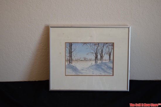 Framed Watercolor Cornfield in Sunshine & Snow by Isobel Cochran