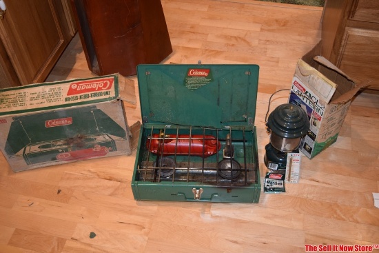 Coleman Two Burner Green Camp Stove and CL2 Lantern