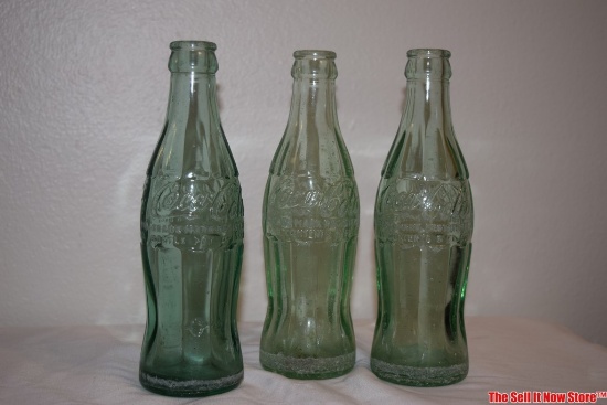 Lot of 3 Vintage 6 oz Embossed Green Glass Coca-Cola Empty Bottles